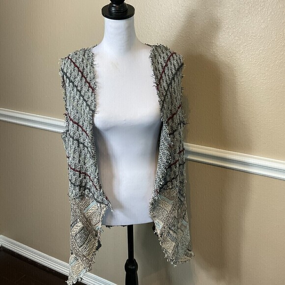 BKE Women Gray Open Front Cardigan SZ L Knit Tunic Sweater Raw Edge Bohemian U3 - Picture 4 of 12